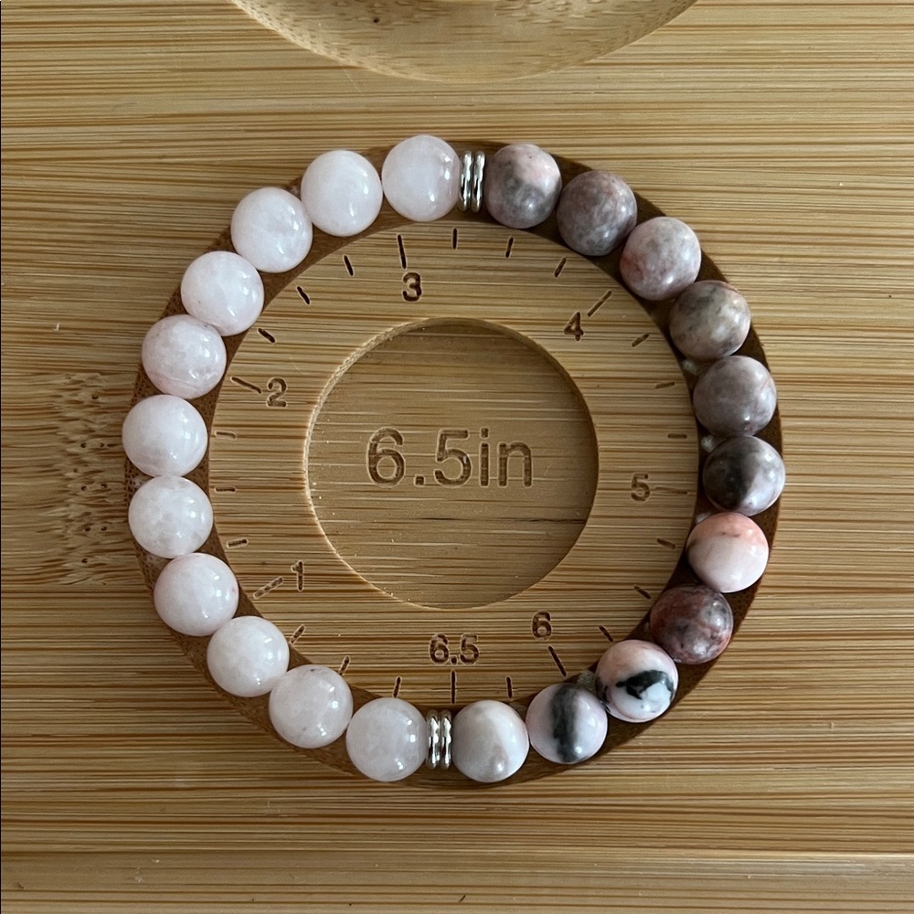 8mm Rose Quartz, Zebra Jasper Moss Agate & Rhodonite Stretch Bracelet 6.5”